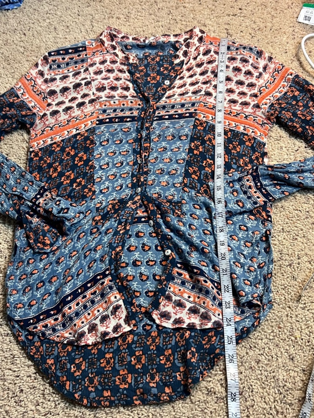 Free People Button-Down boho style blouse in Blue and Peach Floral Print - Picture 5 of 6